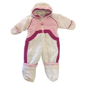 Vintage Baby Girl's Size 6-9 M White/Pink Snowsuit with Hood & Foot Cover